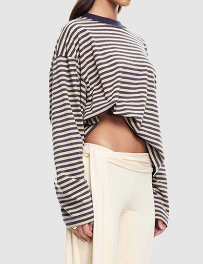 Round Neck Striped Long Sleeve Loose Shirt