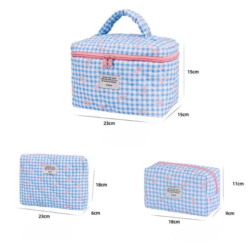 Sweet Color Block Plaid Bow Make Up Bag
