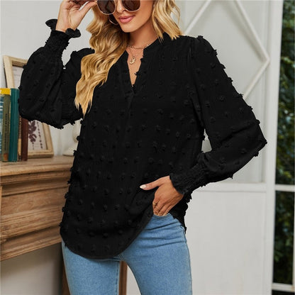 Solid Color V-Neck Long Sleeves Dots Blouse Top