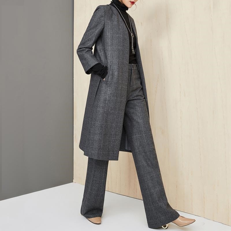 Women's Long Wool Coat And Wide Leg Pants Set