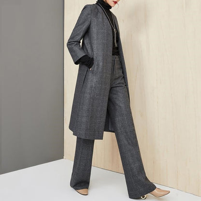 Women's Long Wool Coat And Wide Leg Pants Set