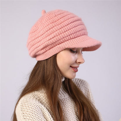 Thick Striped Fleece Knit Duckbill Beret