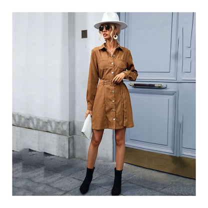 Shirt Style Lapel Long Sleeve Corduroy Dress