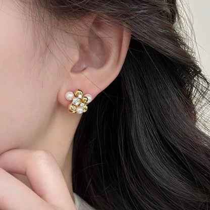 Flower Cubic Zirconia Pearl Stud Earrings