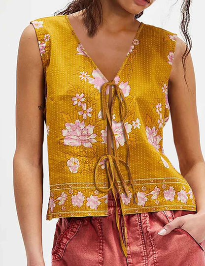 Vintage Flower Print Tie Front Sleeveless Top
