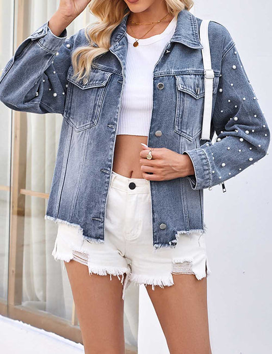 Denim Beaded Long Sleeve Casual Jacket