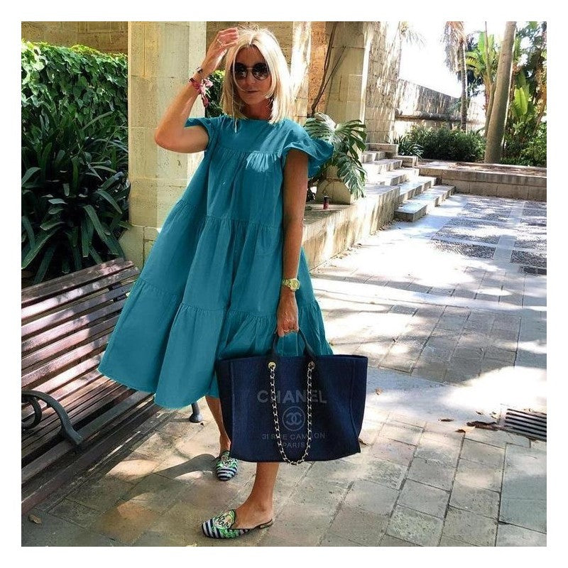 Solid Color Loose Pleated Short Sleeve Dress