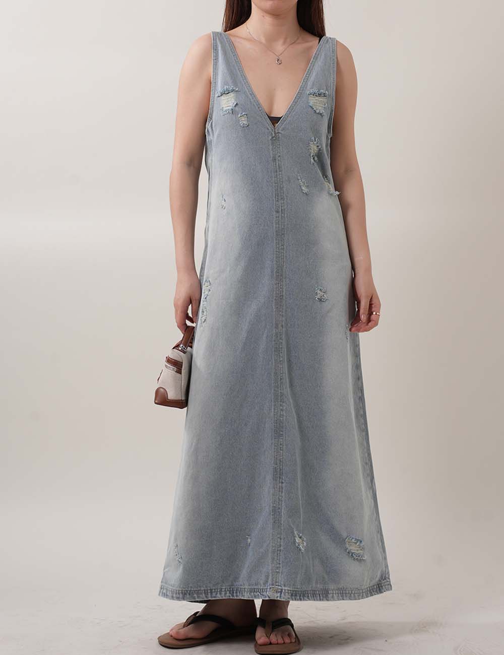 Ripped Washed Sleeveless V-Neck Denim Midi Dresses