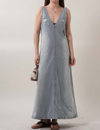 Ripped Washed Sleeveless V-Neck Denim Midi Dresses
