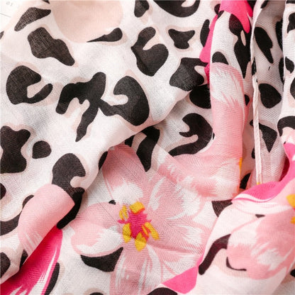 Tropical Plant Floral Leopard Contrast Scarf