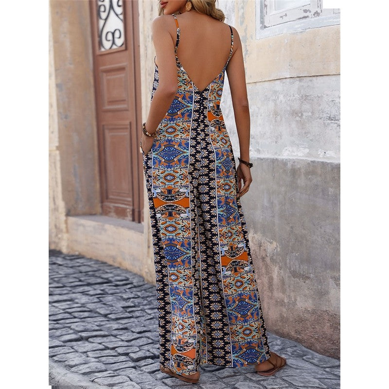 Backless Printed Suspender Wide-Leg Ethnic Style Jumpsuit
