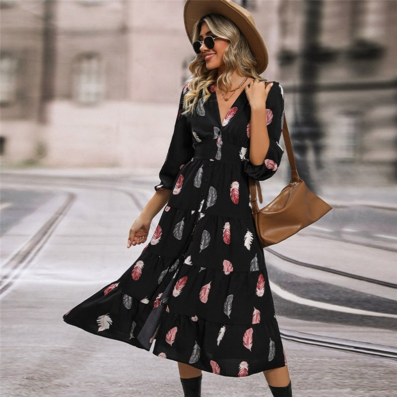 Women's V-Neck Balloon Sleeve Dress