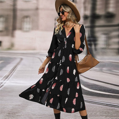 Women's V-Neck Balloon Sleeve Dress