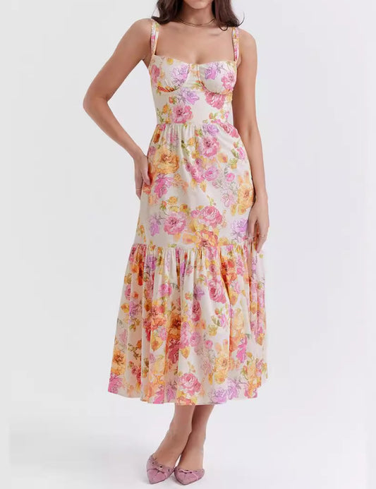 Corset Floral Midi Aline Spaghetti Dress