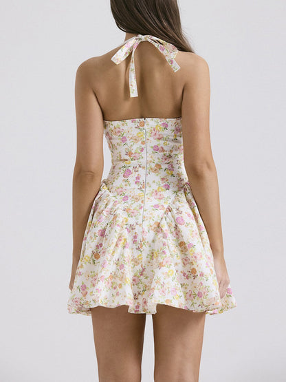 Backless Floral Print Halter Puffy Mini Dress