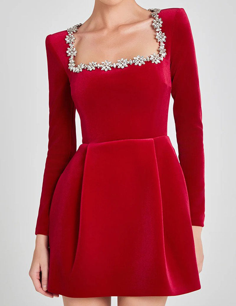 Elegant Velvet Rhinestone Trim Mini Dress