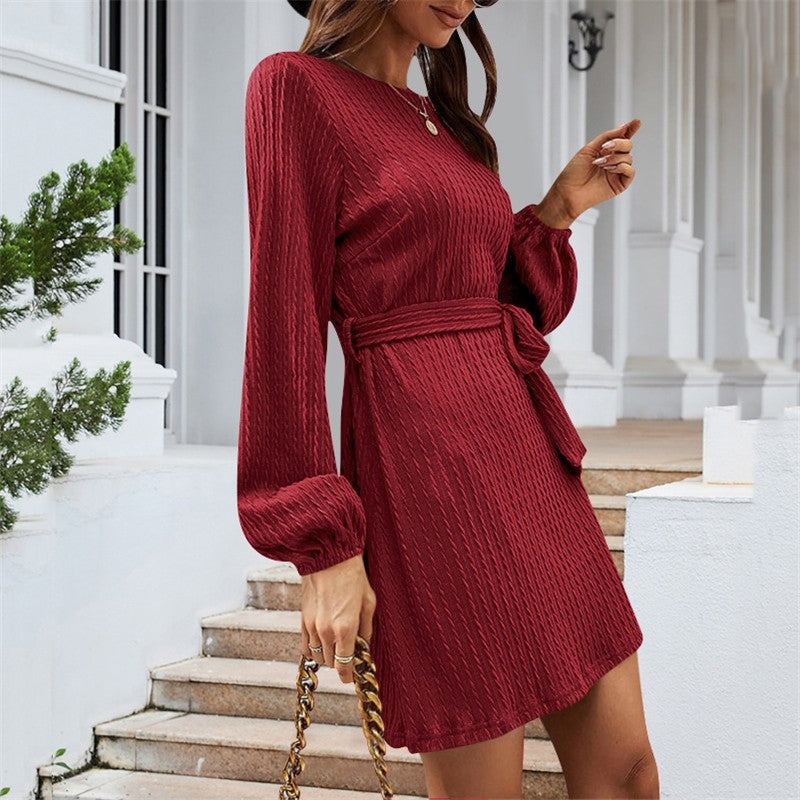 Ladies Belt Long Sleeve Twist Knit Dress Puff Sleeve Casual Dress