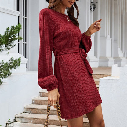 Ladies Belt Long Sleeve Twist Knit Dress Puff Sleeve Casual Dress