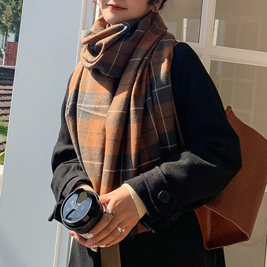 Plaid Print Thick Tassel Shawl Scarf