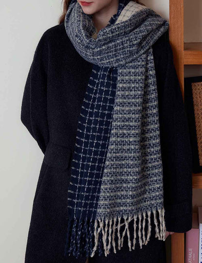 Soft Wool Blend Checkered Fringe Scarf