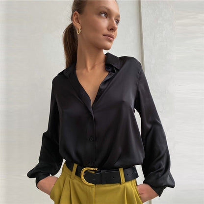 Lapel-Collar Glossy Satin Shirt