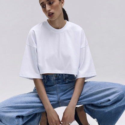 Round Neck Loose Solid Color Short Top