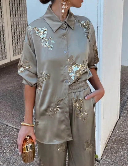 Sequin Embroidered Casual Shirt Pants Set
