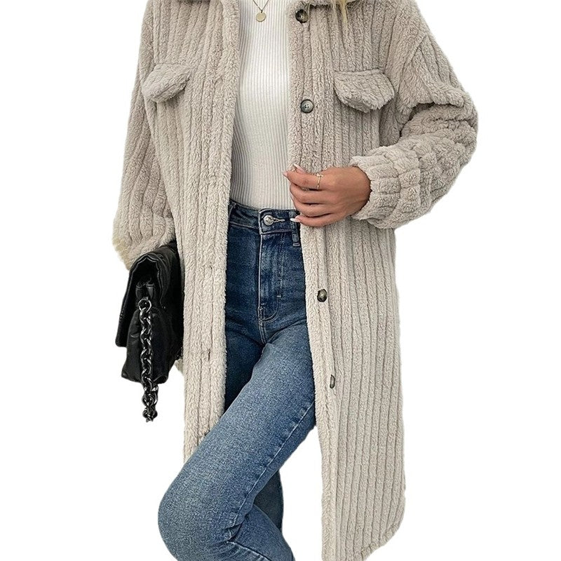 Women's Long Solid Color Plush Coat With Lapel
