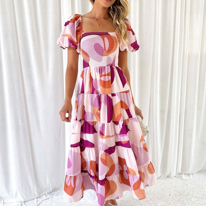 Boat Neck Short Sleeve Elastic Waist A-Line Long Dress