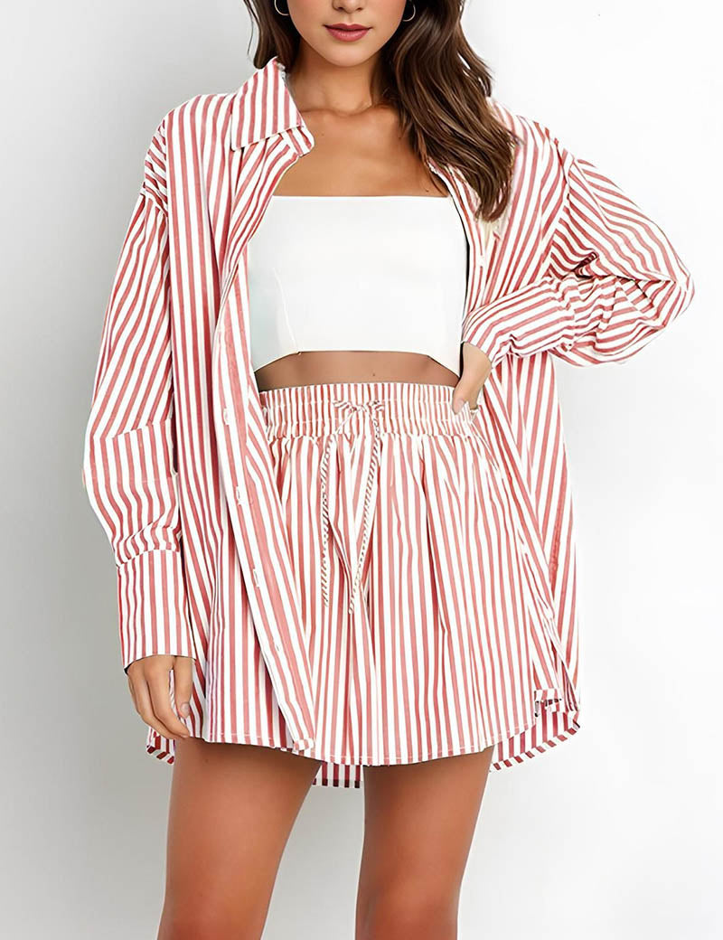 Stripe Color Block Split Shirt Short Set