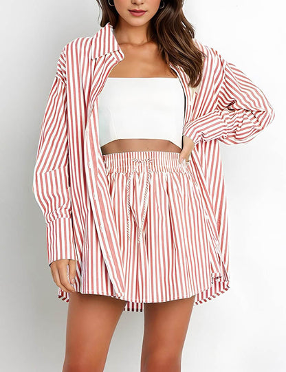 Stripe Color Block Split Shirt Short Set