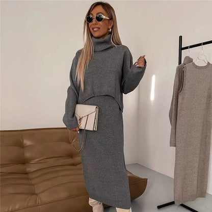 Solid Color High Neck Knit Sweater Wrap Skirt Set
