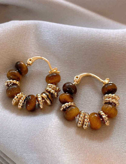 Retro Tiger Eye Stone Bead Hoop Earrings