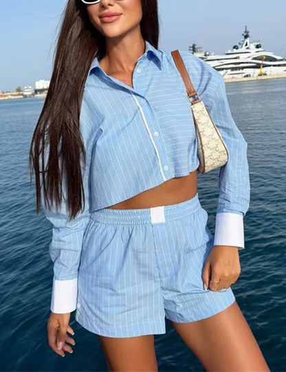 Striped Color Block Shirt Short Set