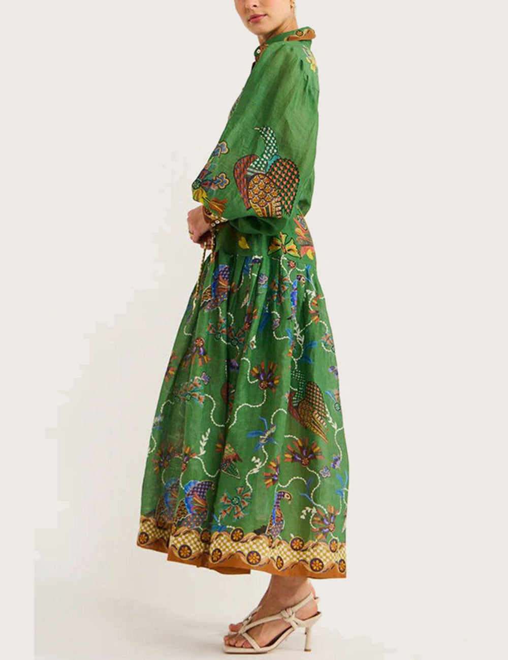 Peacock Print Lapel Buttons Maxi Dresses