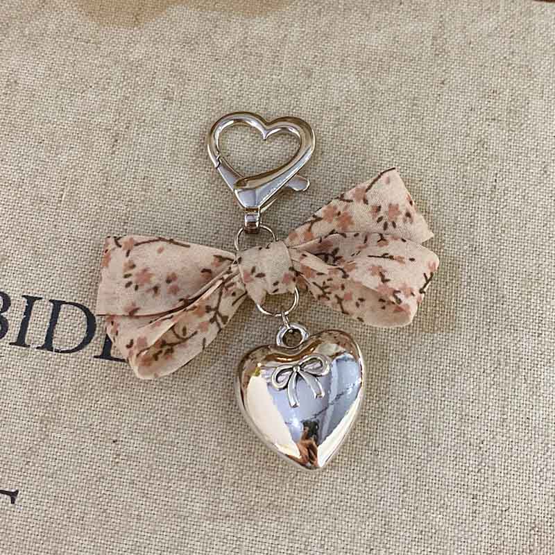 Elegant Floral Print Bow Heart Keychain Charms