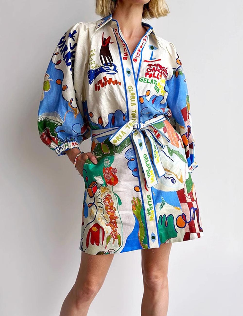 Lantern Sleeves Print Shirt String MIni Dress