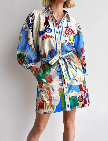 Lantern Sleeves Print Shirt String MIni Dress