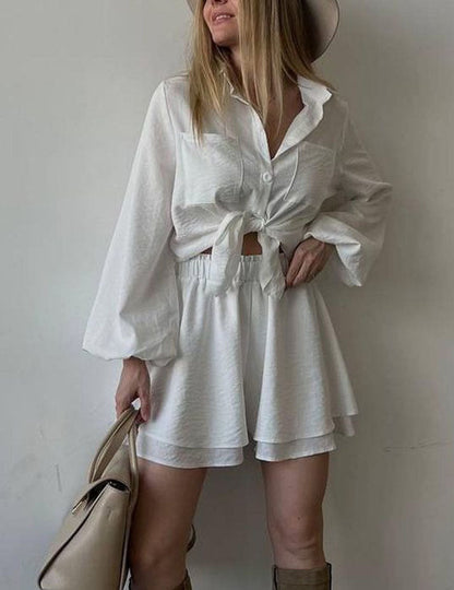 Lantern Sleeve Shirt Flounce Short Set