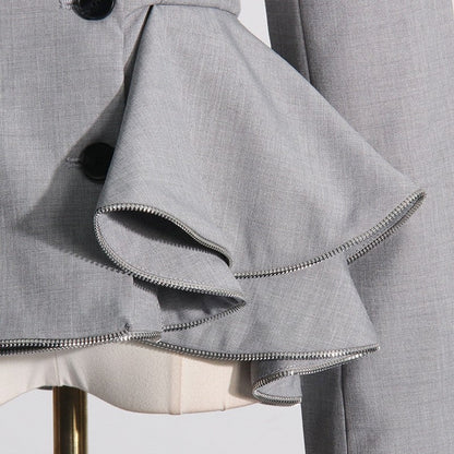 Solid Color Long Sleeve Lapel Buttoned Ruffled Slim Blazer Outerwear