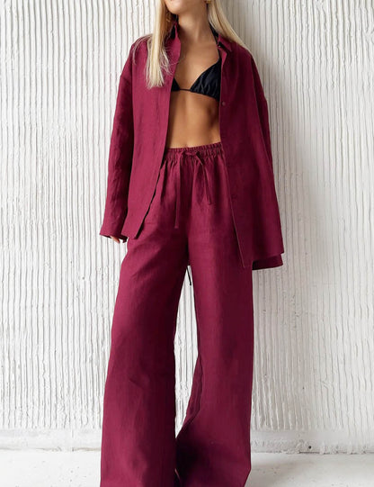 Solid Color Casual Shirt Pant Set