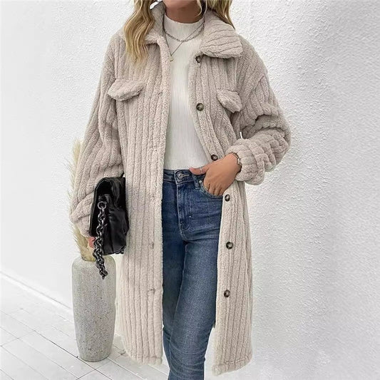 Women's Long Solid Color Plush Coat With Lapel