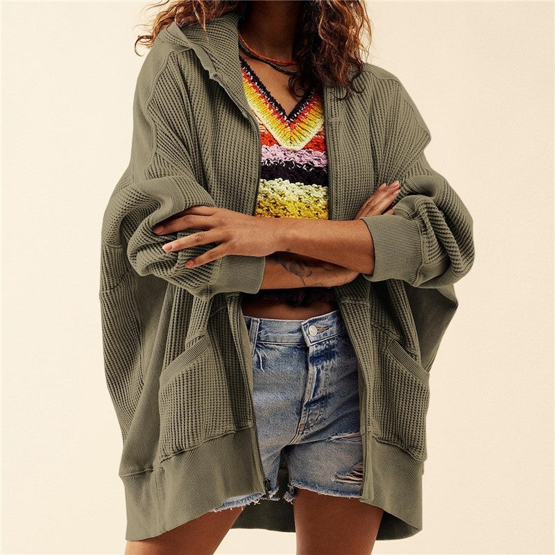 Women's Solid Zip Waffle Design Hoodie Sweatshirt