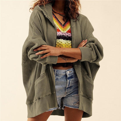 Women's Solid Zip Waffle Design Hoodie Sweatshirt