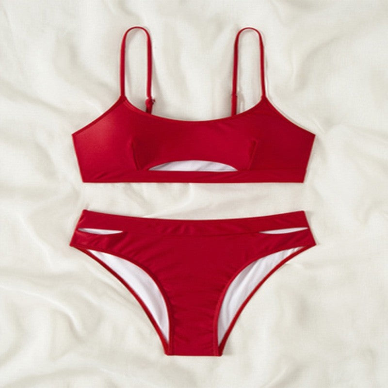 Solid Color Hollowed Out Bikini
