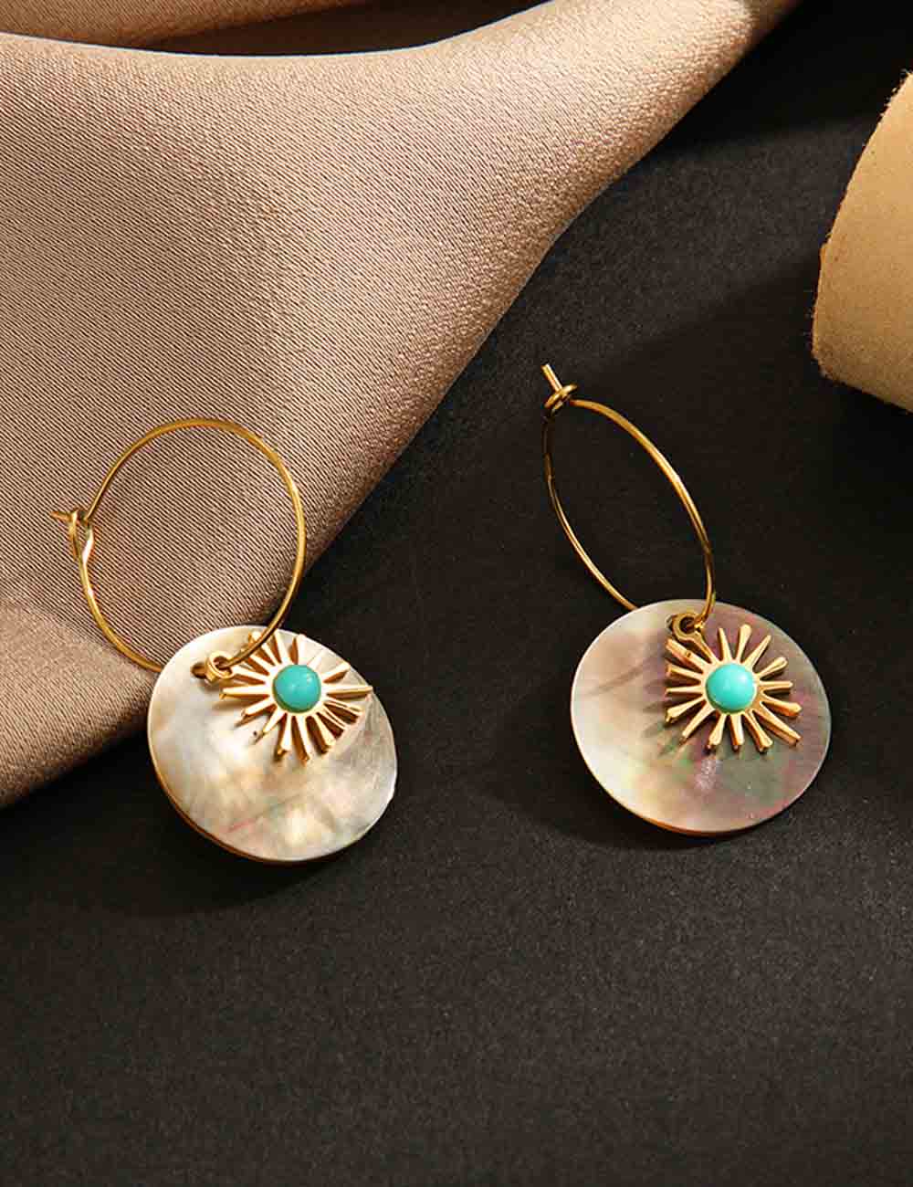Sunburst Turquoise Shell Drop Hoop Earrings