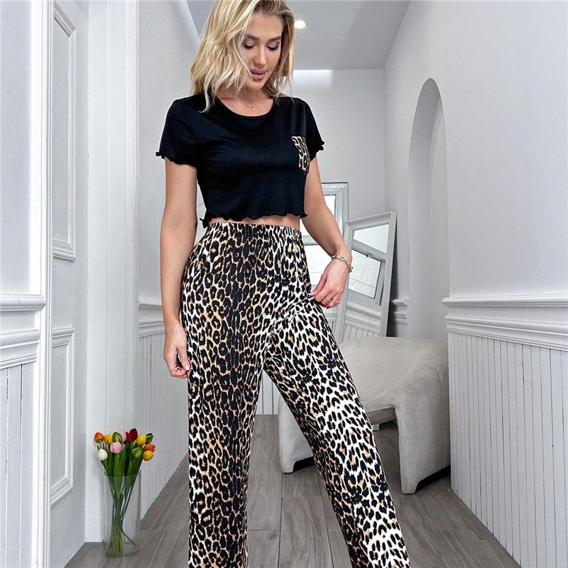 Leopard Print Crop Top And High Waisted Pants Lounge Set