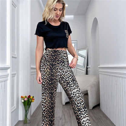 Leopard Print Crop Top And High Waisted Pants Lounge Set