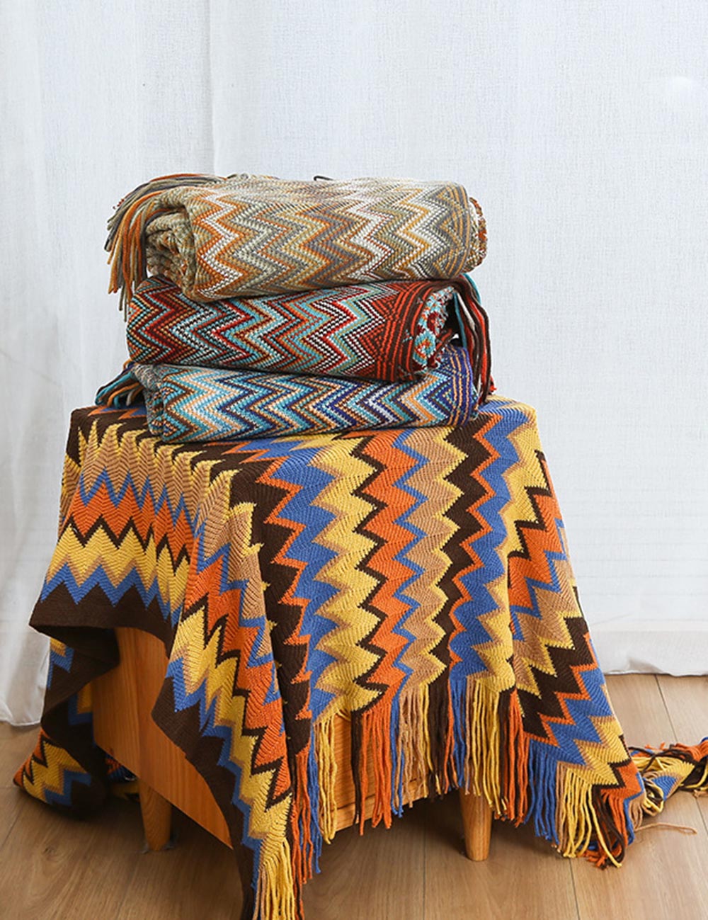 Boho Tassel Knit Color Block Throw Blanket