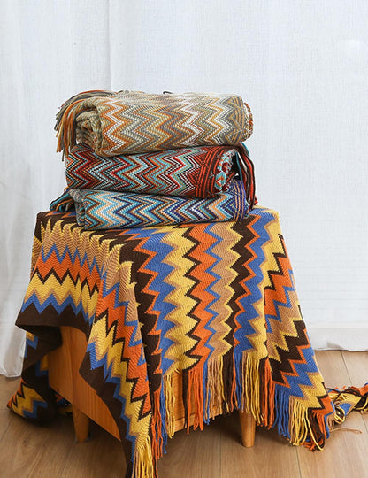 Boho Tassel Knit Color Block Throw Blanket